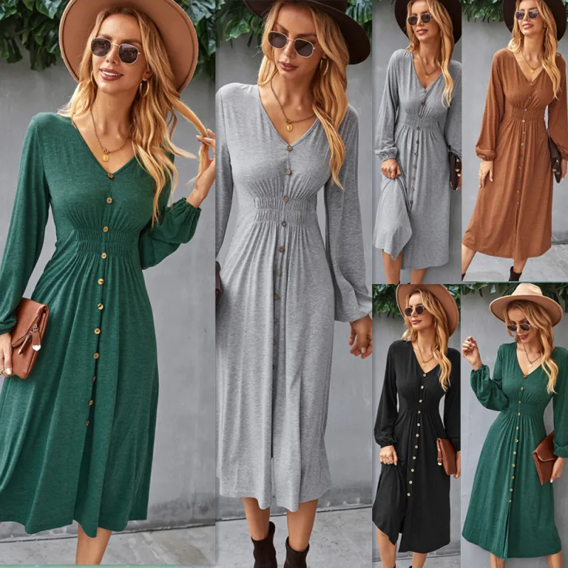

Spring New Products Knit A Line Dress Women Solid Color V Neck Long Sleeve Button Slit Clothing Green Brown Gray Black