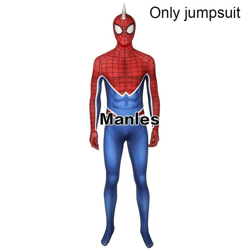 Only jumpsuit Игра Ps4 Человек-паук костюм Человек-паук панк Рок возвращение домой Косплей Карнавальный супергерой комбинезон для Хэллоуина мужской джинсовый жилет Zentai - Цвет: Only jumpsuit