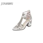 Стразы, сандалии-гладиаторы на высоком каблуке, женская обувь на высоком каблуке, открытые, серебристые, золотистые сандалии на высоком каблуке, Модные женские босоножки на блочном каблуке