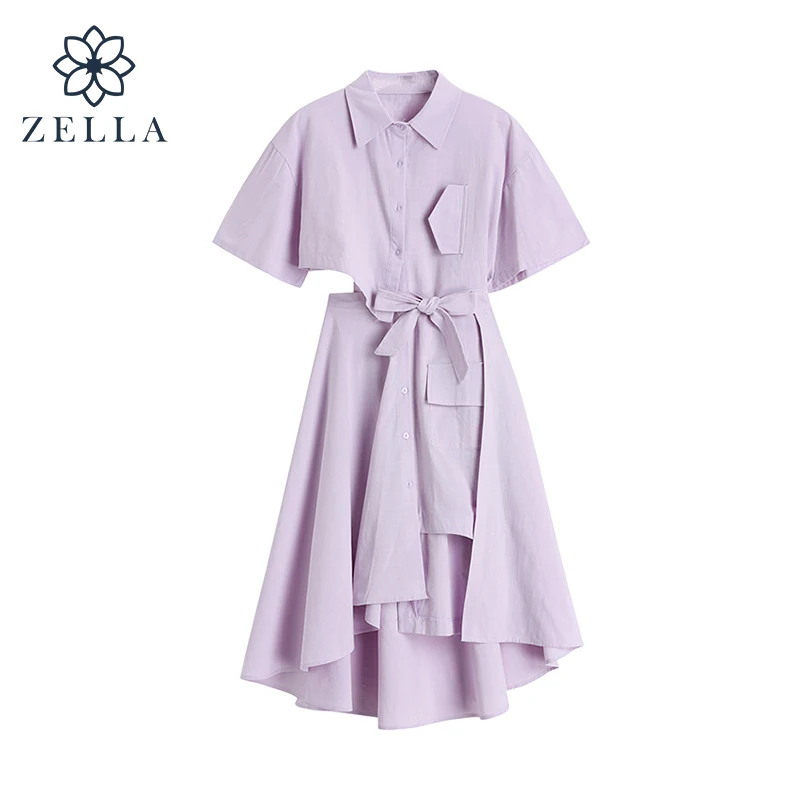 

Women Irregular Shirt+Skirts Suits Bowknot Solid Tops Vintage Summer Skirt Sets Elegant Women Two Piece Set Purple Clothing 2021