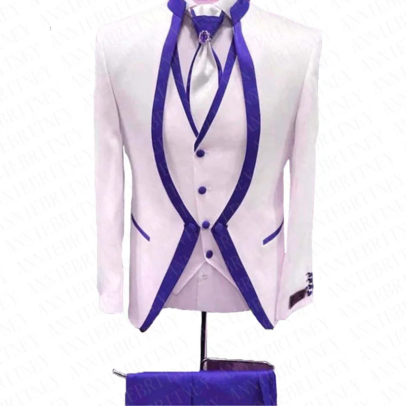 

2020 White Floral Blue Rim Stage Clothing For Men Suit 3 Pieces Mens Wedding Suits Costume Groom Tuxedo Formal
