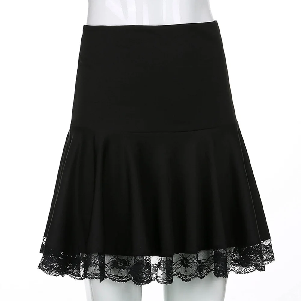 

Black Lace Hem Gothic Y2k Pleated Skirt Woman Punk Style Indie Aesthetics Mini Skirts Sexy Edge High Waist Emo Grunge Clothes