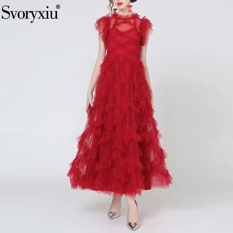 

Svoryxiu Sexy Red Flocking Dot Mesh Ruffles Maxi Dress Women's Fashion Short Sleeve Summer Runway Designer Long Dresses