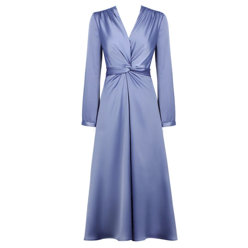 

Women 2021 Fashion Satin Dresses Celmia Casual Loose O-neck Silk Party Long Midi Vestido Solid Long Sleeve Belted Robe Femme