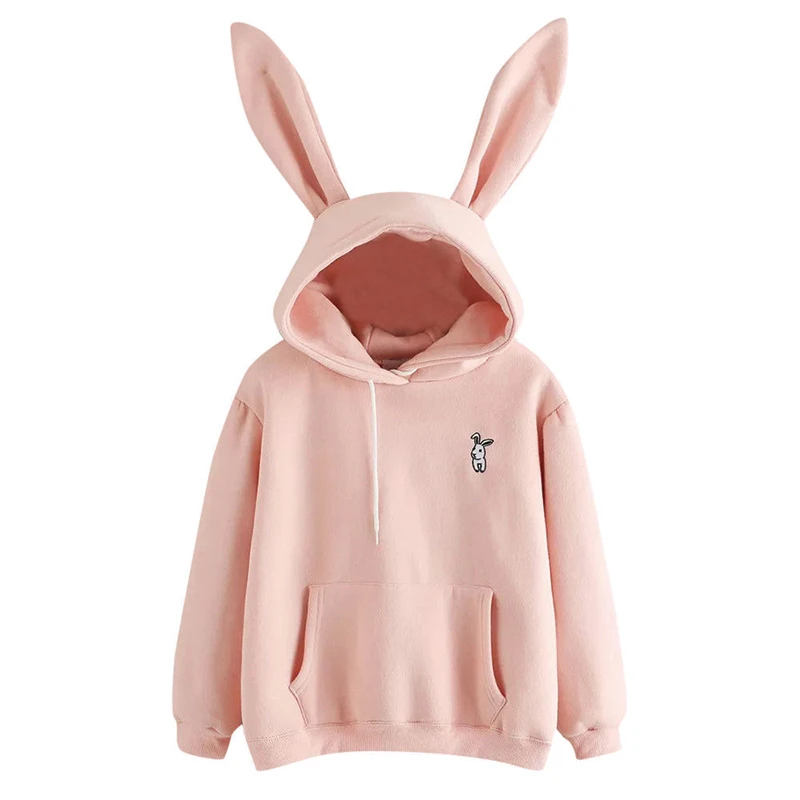 

QRWR 2020 Autumn Winter Women Hoodies Kawaii Rabbit Ears Fashion Hoody Casual Solid Color Warm Sweatshirt Hoodies For Women