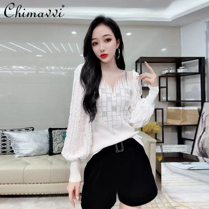

Fashion Stitching Mesh Half Turtleneck Rhinestone Knitted Top 2021 Winter Clothes Elegant Slim Puff Sleeve Bottoming Sweater