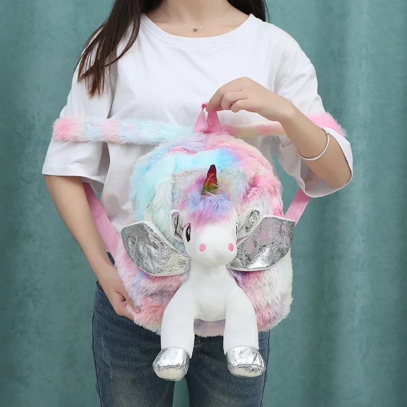 Cute Unicorn Student School Backpack Girl Cartoon Mini Fur Schoolbag Kidergarten Doll Plush Bag Toy Doll Backpack Children Gift
