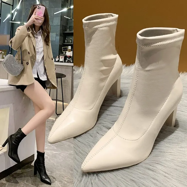 

Med Heel Boots Pointe Shoes Boots-Women Winter Footwear Pointy 2021 Ladies Rubber Ankle Autumn PU Rome Lace-Up Solid Riding Poi