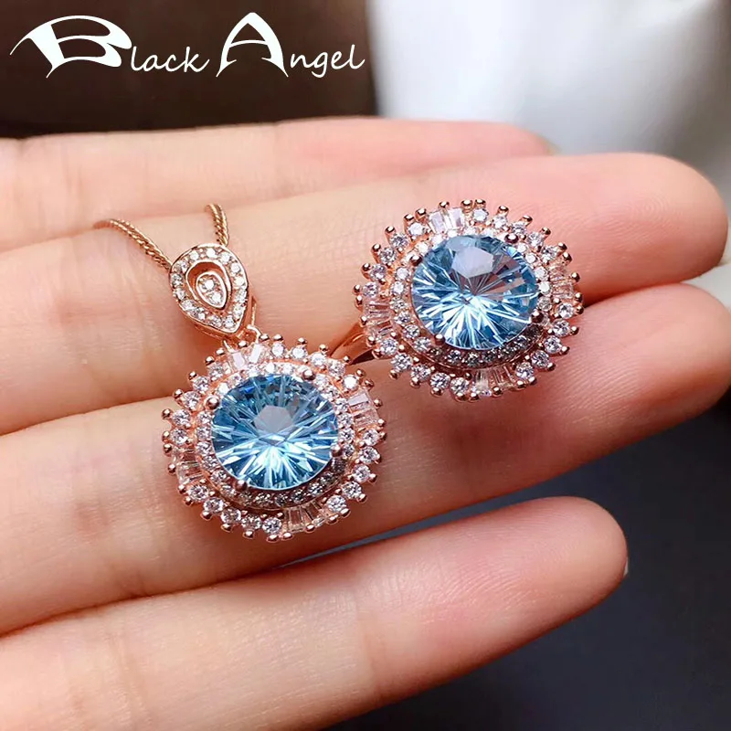 

BLACK ANGEL New Jewelry Set for Women Luxury Full Crystal Inlaid Firework Cut Necklace 2 Carat Gemstone Rose Gold Open Ring