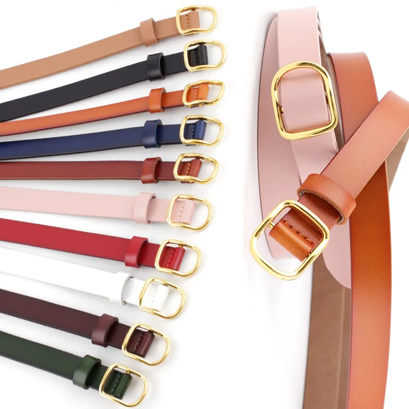 

Women's new leather thin belt gold square buckle wild fashion candy color decoration ladies gown dress cowhide knotted belt