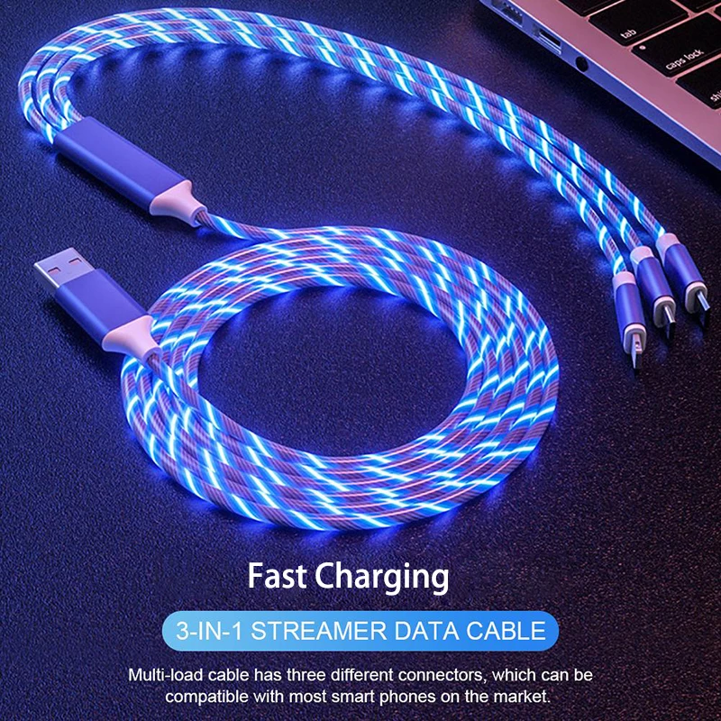 Type c micro usb кабель для зарядки huawei mate 20 p30 samsung s10 стример 3 в 1 светодиодный светильник шнур быстрой зарядки для xiaomi oppo