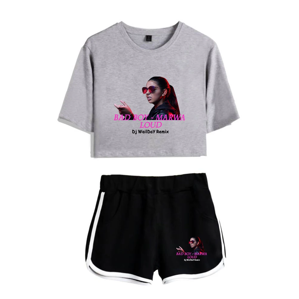 

WAWNI Marwa Loud Hidalgo Navel T Shirt Casual Shorts Sexy Two Piece Suit Harajuku Cotton Plus Polyester Fashion Suit New Suit