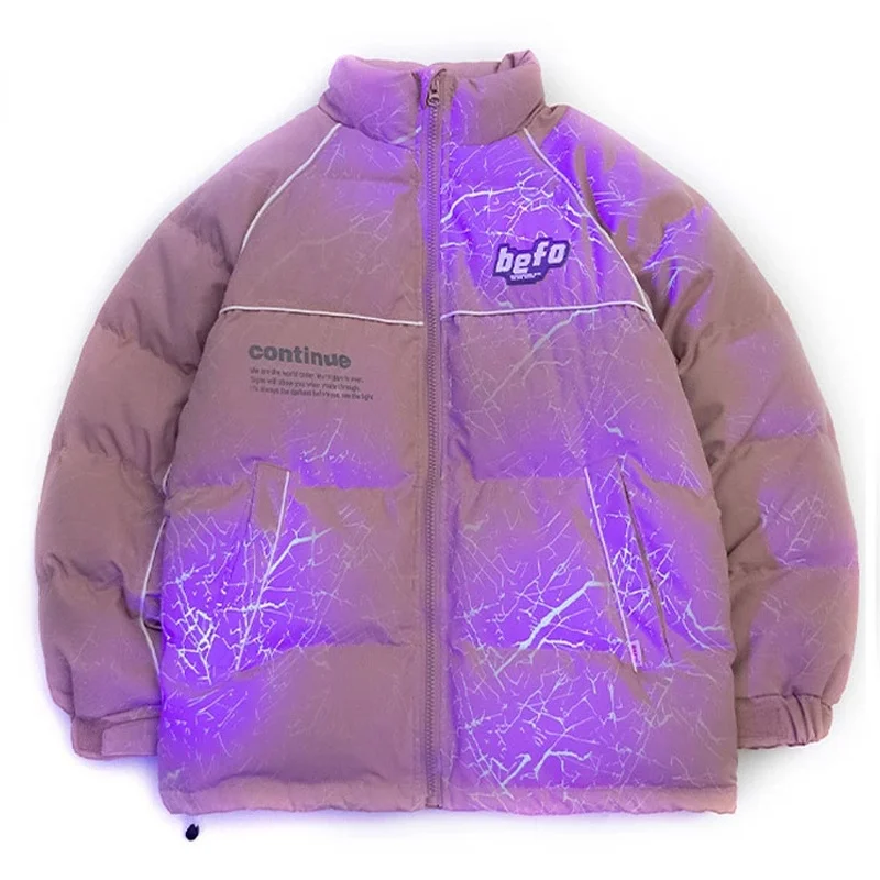 

Мужские зимние парки, фиолетовая светильник отражающая уличная куртка большого размера из хлопка, Женская Толстая куртка в стиле хип-хоп Ха...