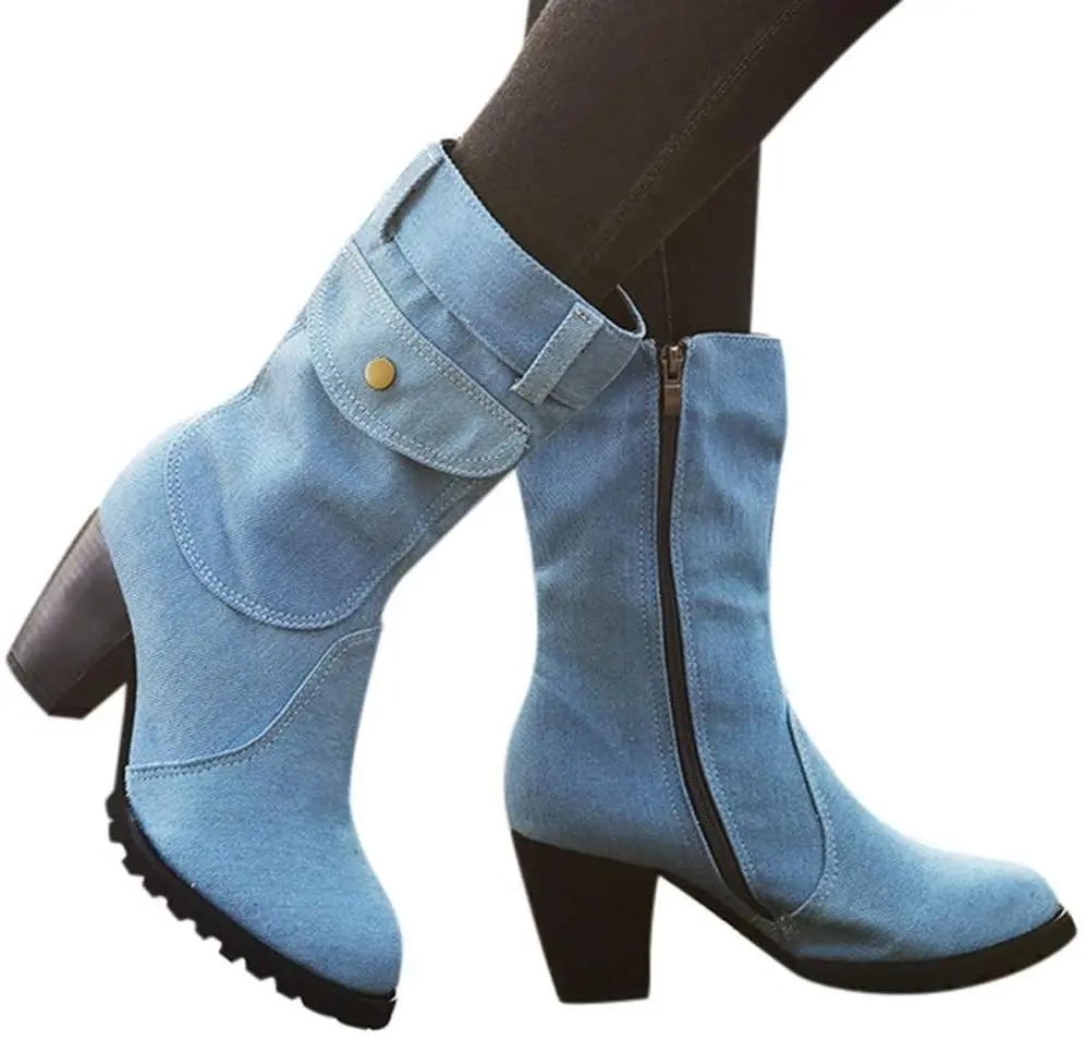 

Casual Pointed Toe Thick Heels Mid-Calf Boots For Womens Side Zipper Pocket Denim Cowgirl Booties Autumn Winter Travelling
