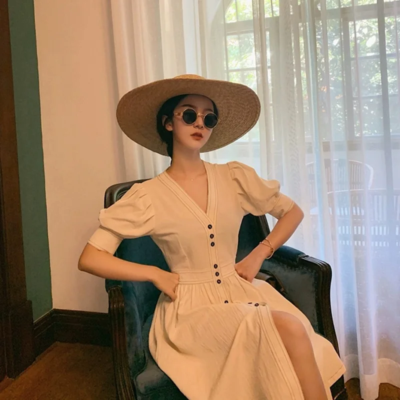 

2021 summer mid-length retro high-waist lantern sleeve temperament V-neck temperament waist French dress