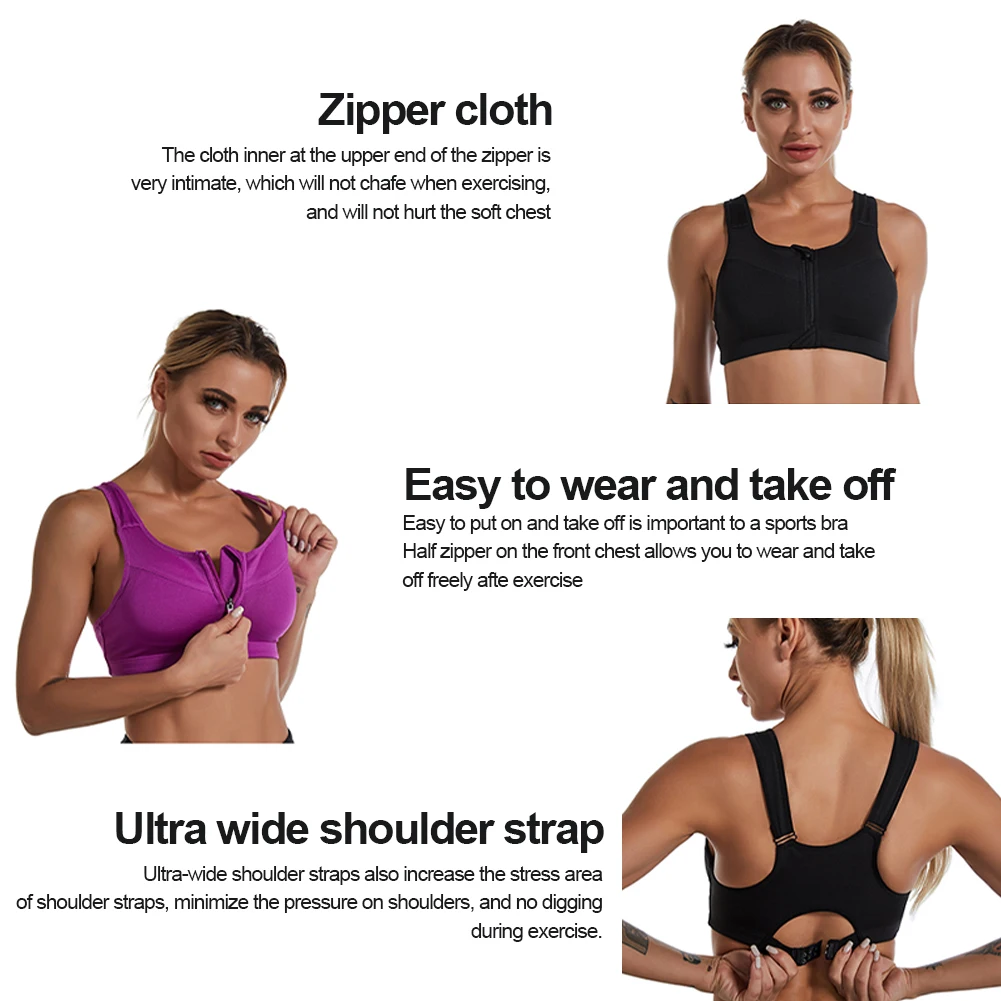 

Women Sports Bra Crop Top Zip Front Push Up Underwear Wire Free Detachable Pads Athletic Vest Workout Running Fitness Bra