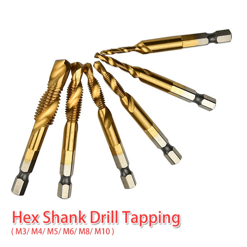 

Screw Taps Tool Thread Drill Tap Bit Titanium Coated HSS Drill 1/4 Hex Shank M3/ M4/ M5/ M6/ M8/ M10 for Soft Metal/ Iron Plate