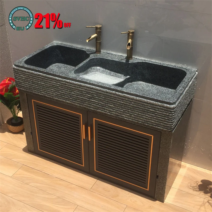 

Vintage 110cm Granite Counter Cabinet Basin Whole Stone Laundry Sink Outdoor Integrated Sink Marble Laundry Pool Villa Courtyard