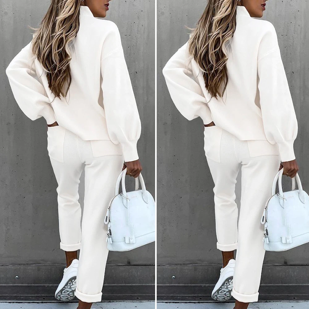 

Fall Winter Sweatshirt Women High Collar Long Sleeve Pocket Trousers Casual Women Clothing Tracksuits Two-piece Pants Set