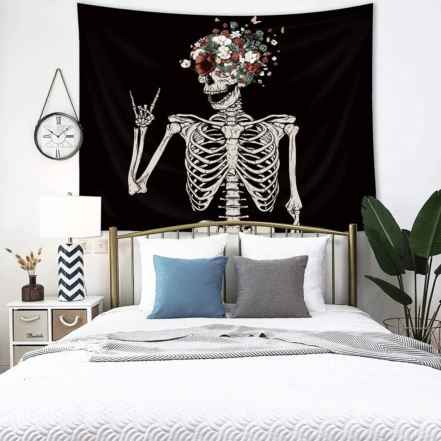 

Funny Skeleton Tapestr Hippie Skull Red Floral Butterfly Art Wall Hanging Bedroom Living Room Dorm Decor Fabric Black White
