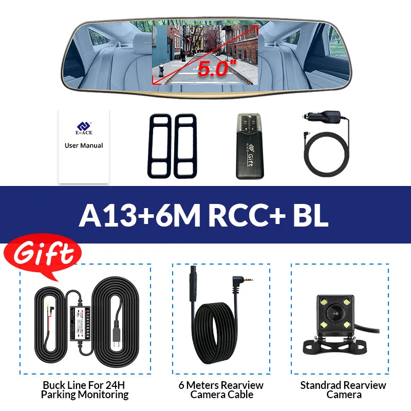 A13-6M RCC-BL E-ACE, Автомобильный видеорегистратор, зеркальная камера, FHD 1080 P, видео рекордер, двойной объектив с камерой заднего вида, авто регистратор, автомобильная камера, видеорегистратор - Название цвета: A13-6M RCC-BL