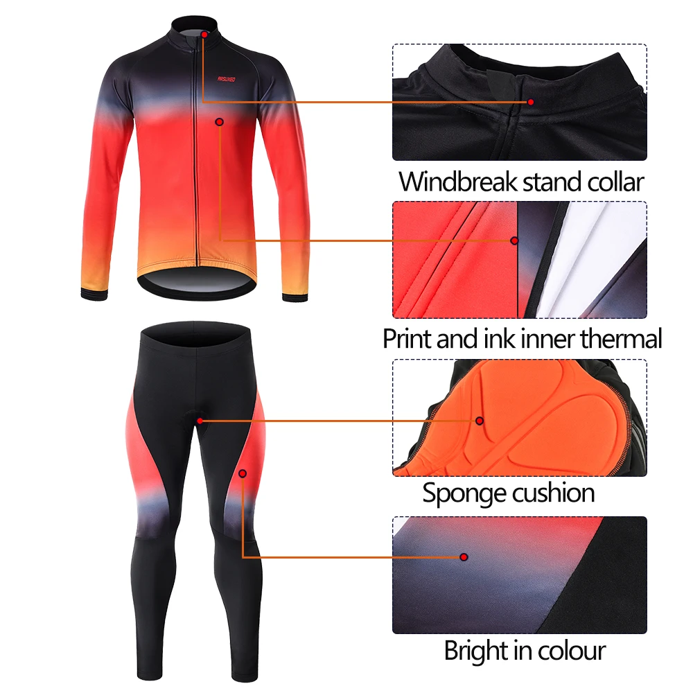 ARSUXEO комплекты Джерси для велоспорта стеганые штаны Зимняя Теплая Флисовая