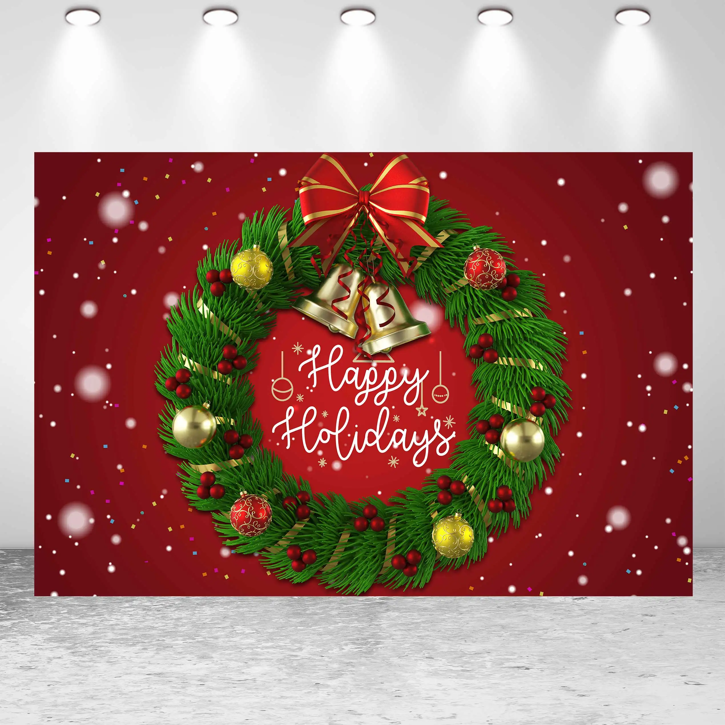 

NeoBack Merry Christmas Snowflake Christmas Tree Gift Bowknot Golden Bells Party Banner Photo Backdrop Photography Background