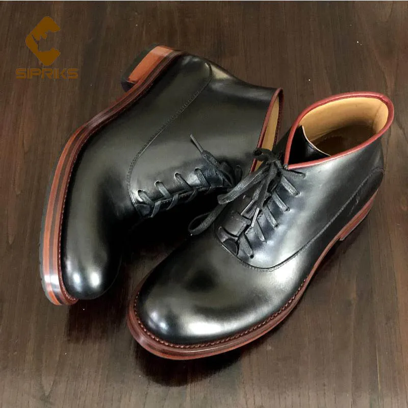 Sipriks Handmade Goodyear Welt Shoes Mens Calf Leather Ankle Boots Black Male Cowboy Boot High Top Lace Up Big Round Toe | Обувь