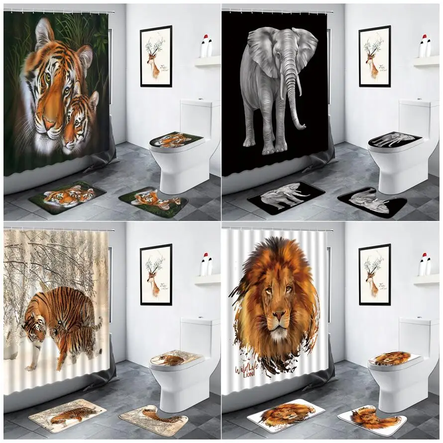Занавеска для душа с рисунком диких животных тигр Лев слон s коврики ванной