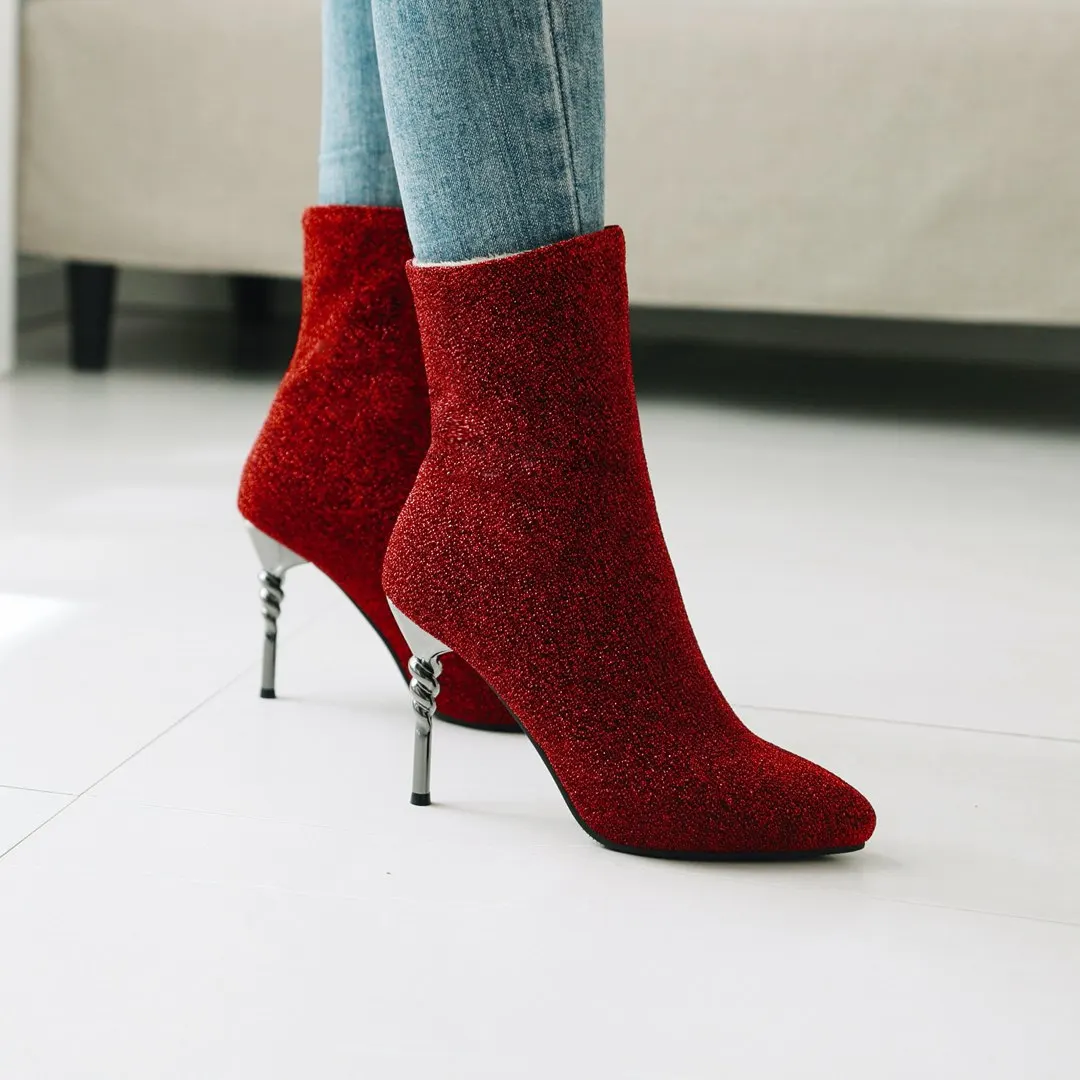 

Sequined Cloth Metal Stiletto Heel Winter Warm Short Boots, Pointed Super High Heel Sexy Sequin Women Ankle Boots