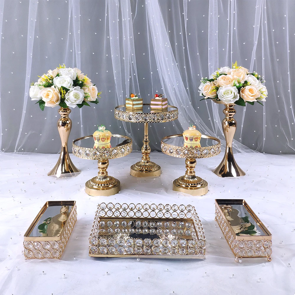 Juego de soportes de cristal para tartas de 8 piezas, soporte de espejo de Metal para cupcakes, decoraciones de Pedestal de postre, bandeja de exhibici&oacute;n para tartas de fiesta de boda-0