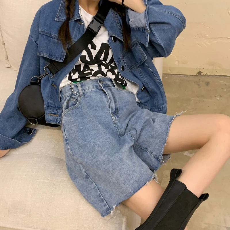 

High Waist Blue Denim Knee Length Jeans Women Korean Vintage Streetwear Casual Fashion Female Straight Pants Trousers