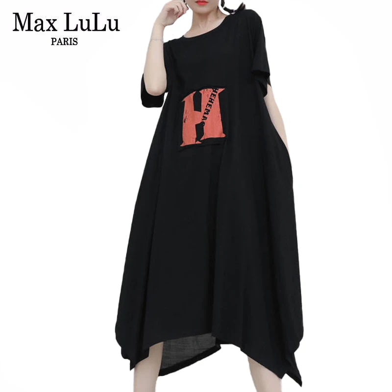 

Max LuLu Summer Street Style 2021 New Women Folds Black Vestidos Ladies Letter Printed Dresses Female Casual Long Dress Big Size