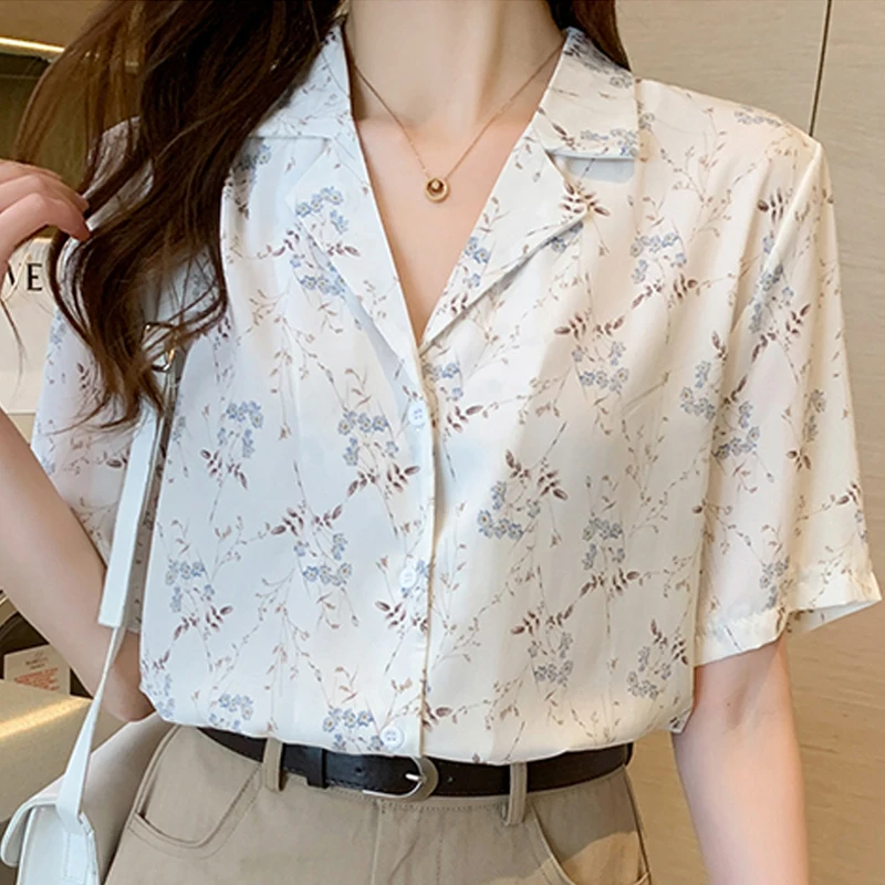 

Blusas Blouses Top Femme Short Sleeve Blouse Women Blusas Mujer De Moda 2021 Verano V-Neck Print Chiffon Blouse Shirt Tops E799