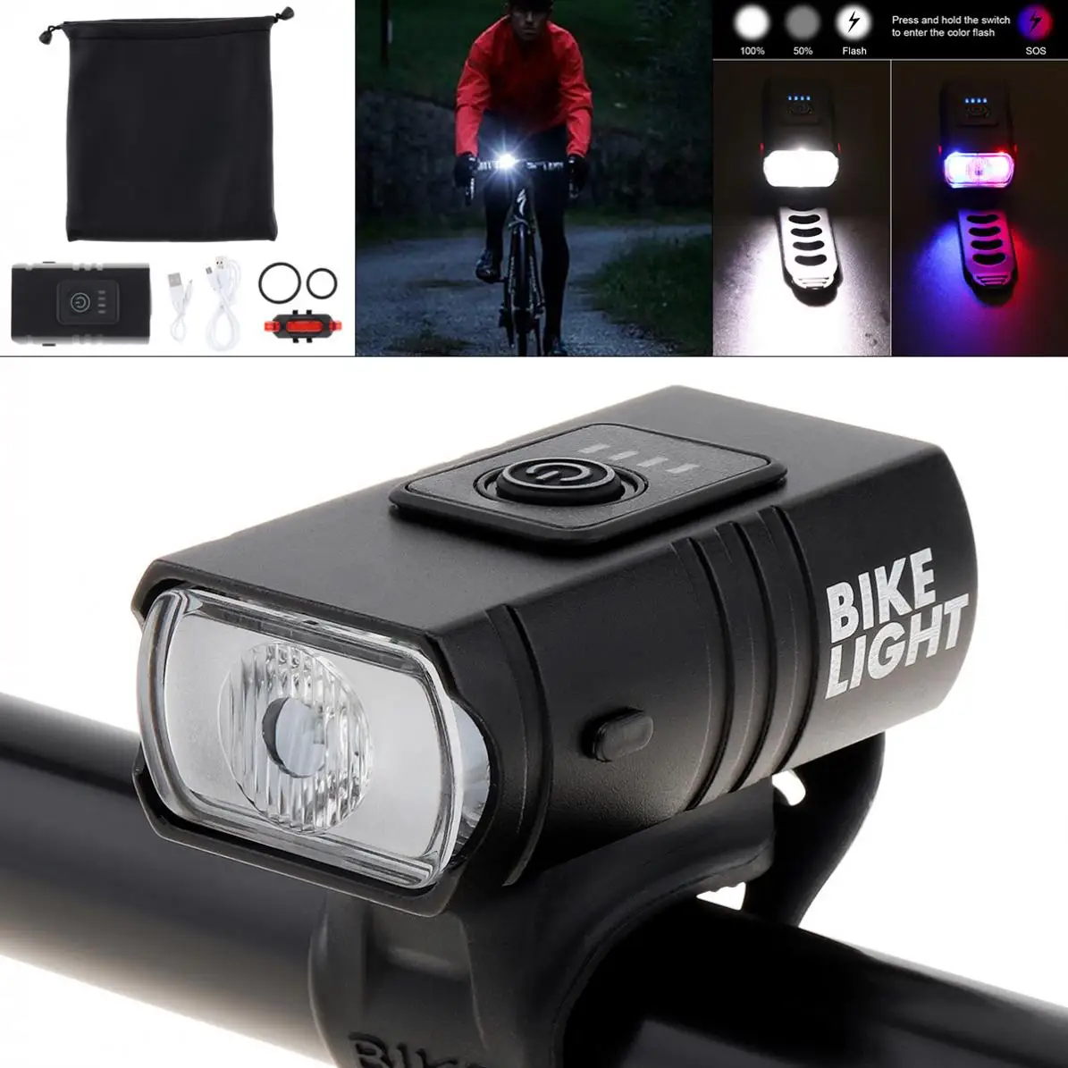 

Waterproof 500LM LED Bicycle USB Rechargeable Mountain Bike Headlight and Taillight Set with 4 Lighting Modes and Power Display