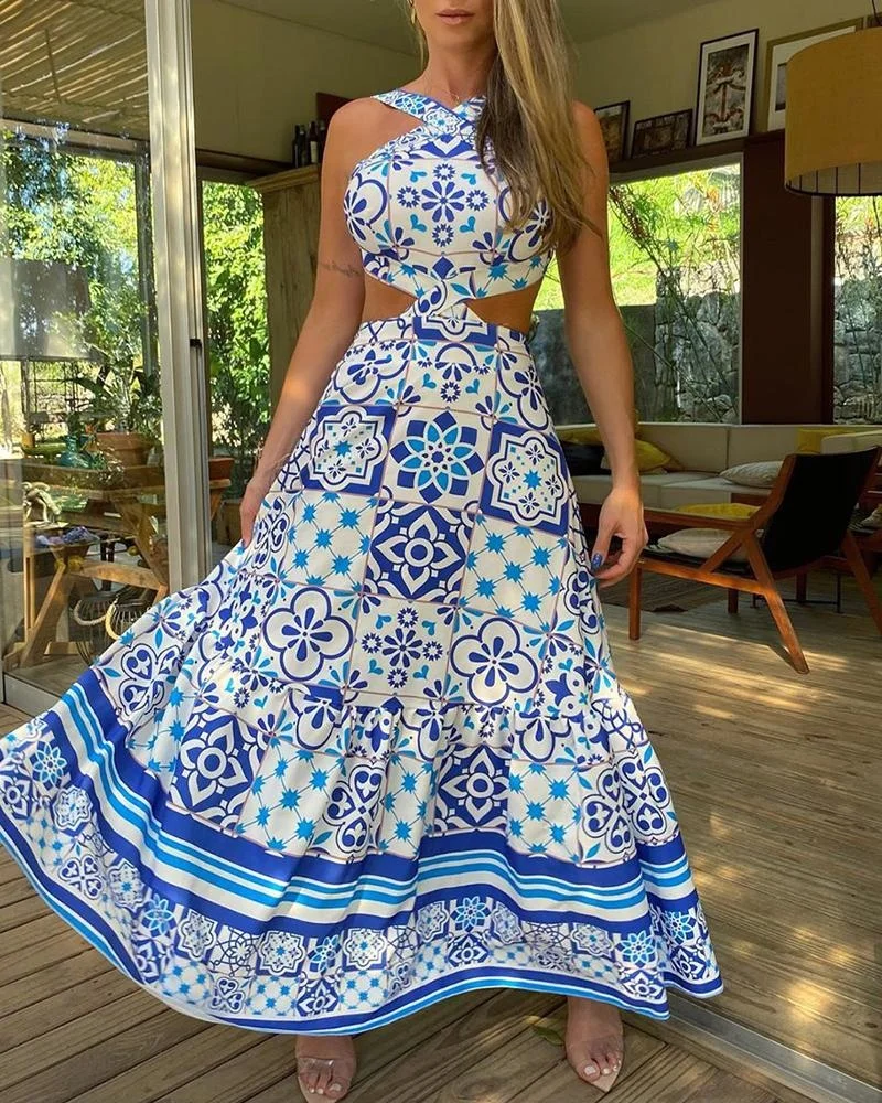 

Vintage Printed Dresses Summer Women Sexy Halter Sleeveless A-Line Dress Female Strapless Casual Holiday Party Dress