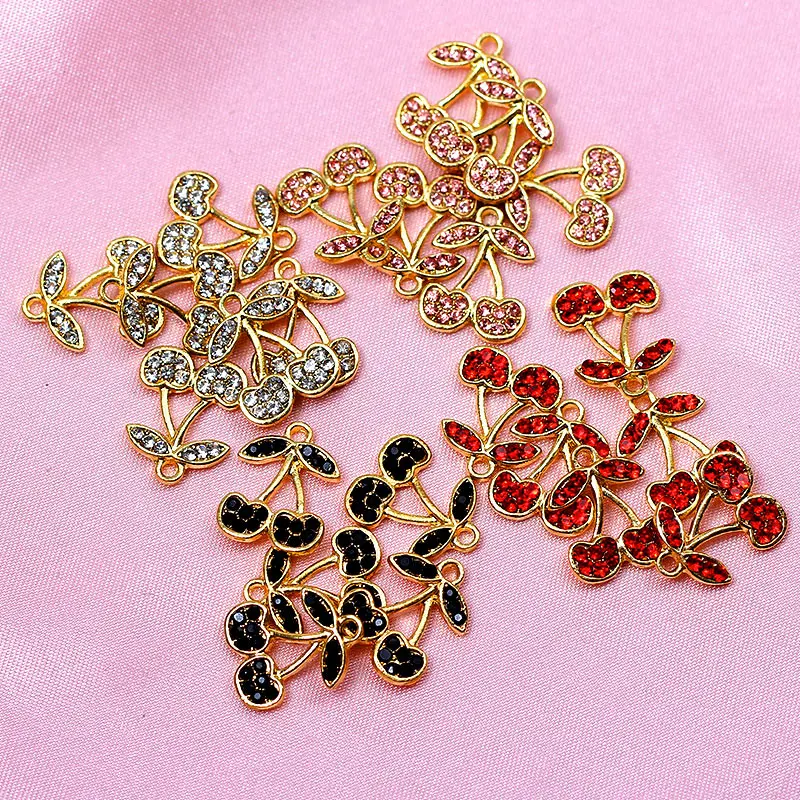 

10Pcs Colorful Rjinestone Cute Cherry Charms Gold Color Metal Alloy Fruit Jewelry Charm For DIY Earrings Making Accessories