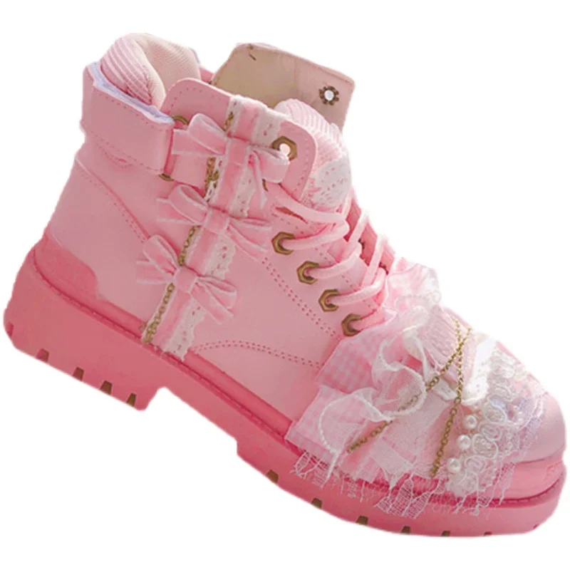 

2021 spring women's boots Thick Soled Height Increasing Martin Boots Sweet College Girl pink Casual Shoes woman Lolita Style
