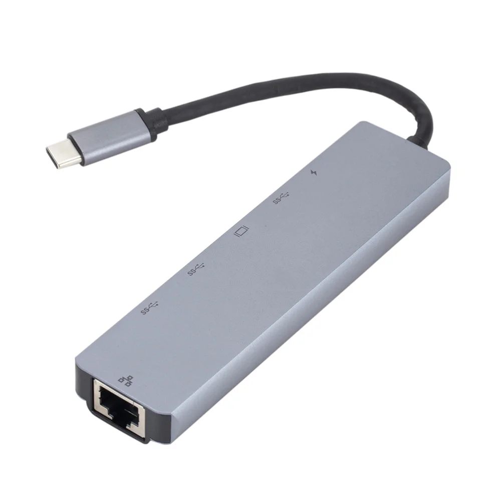 

6 In 1 HUB USB 3.1 Type C to Gigabit Ethernet Rj45 Lan Converter PD Charging (Silver and Light Grey)