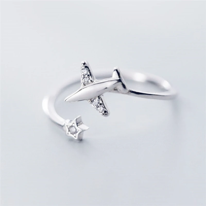 

Sole Memory Shiny Zircon Airplane Art Cute Silver Color Female Resizable Opening Rings SRI917