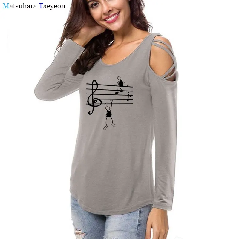 

2020 NEW Music Notes Print Shirt femme Long sleeve T-shirt Off Shoulder Music Lover Gift Fashion woman tshirts oversize Tops