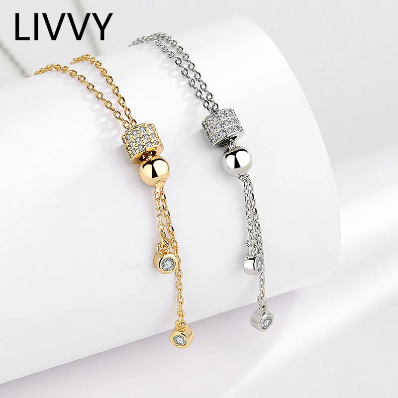 

LIVVY Luxury Silver Color Round Bead Necklace For Women Zircon Wedding Cylindrical Pendant Necklace Jewelry
