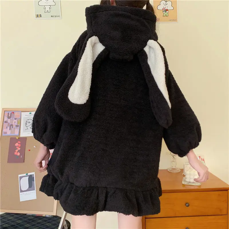 

Zip Up Jacket Jacket Women Lolita Teddy Rabbit Ears Hooded Soft Girl Ruffle Faux Wool Coat Lambswool Cotton Thick Outer New