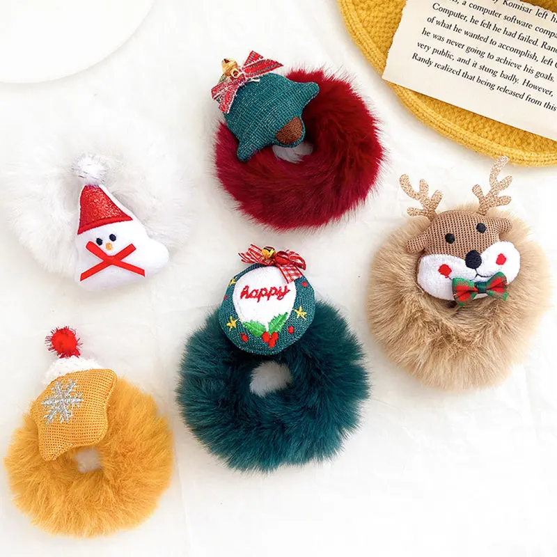 

Girls High Elastic Rubber Band Christmas Style Ponytail Holders Hair Ring Elk Santa Bell Hair Rope Plush Faux Fur Scrunchies