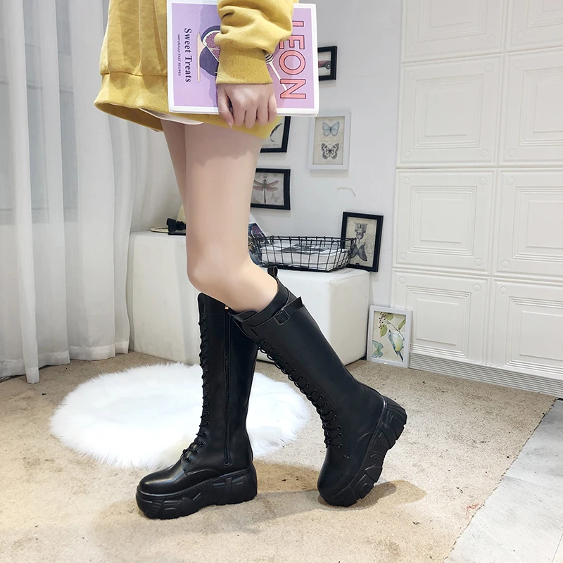 

Hot Sale Autumn Lacing Knee High Boots Women Winter Fashion Black High Platform Heels Woman Leather Shoes 6.5CM Motorcycle Boots