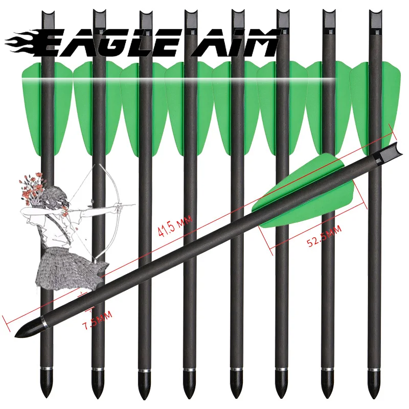 6/12/24 unidades, 16 pulgadas, 41,5 CM, ballesta, 2 pulgadas, flechas de carbono puro de pluma verde para tiro con arco y caza
