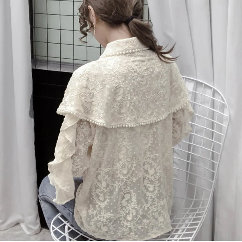 #2007 белые бежевые кружевные рубашки для женщин двухслойный воротник сексуальные