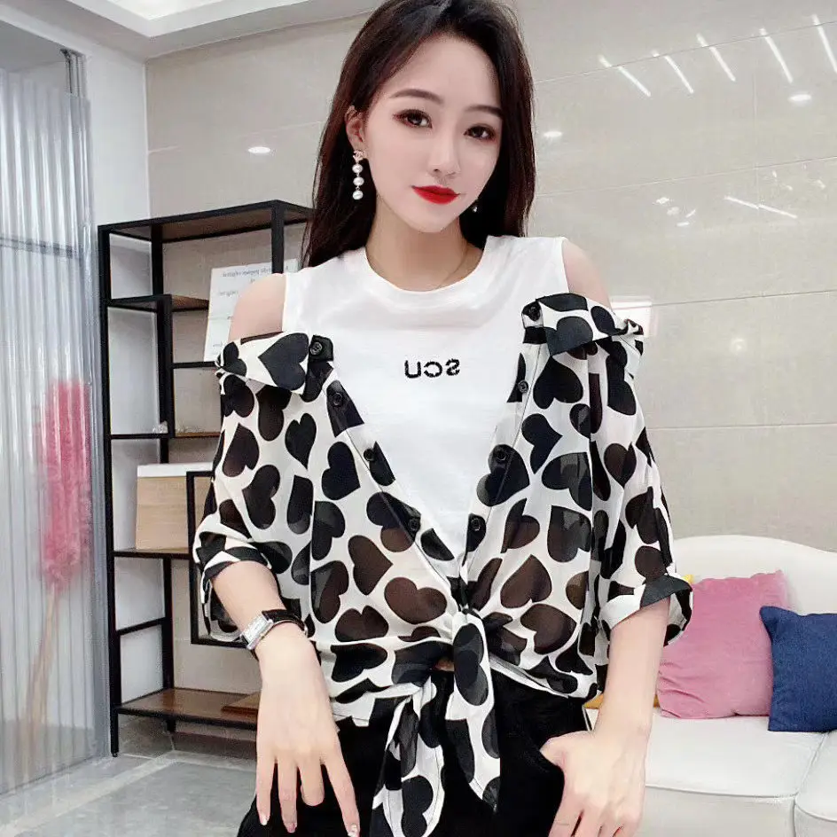 

Fashion revealing shoulder middle Sleeve Chiffon shirt splicing T-shirt women's 2021 spring drill net red shirt