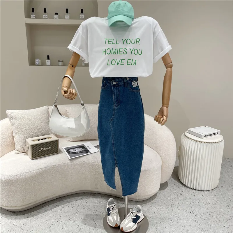 

Women's Spring Summer 2021 Niche Design Fashion High Waisted Split Retro Mid Length Denim Skirt
