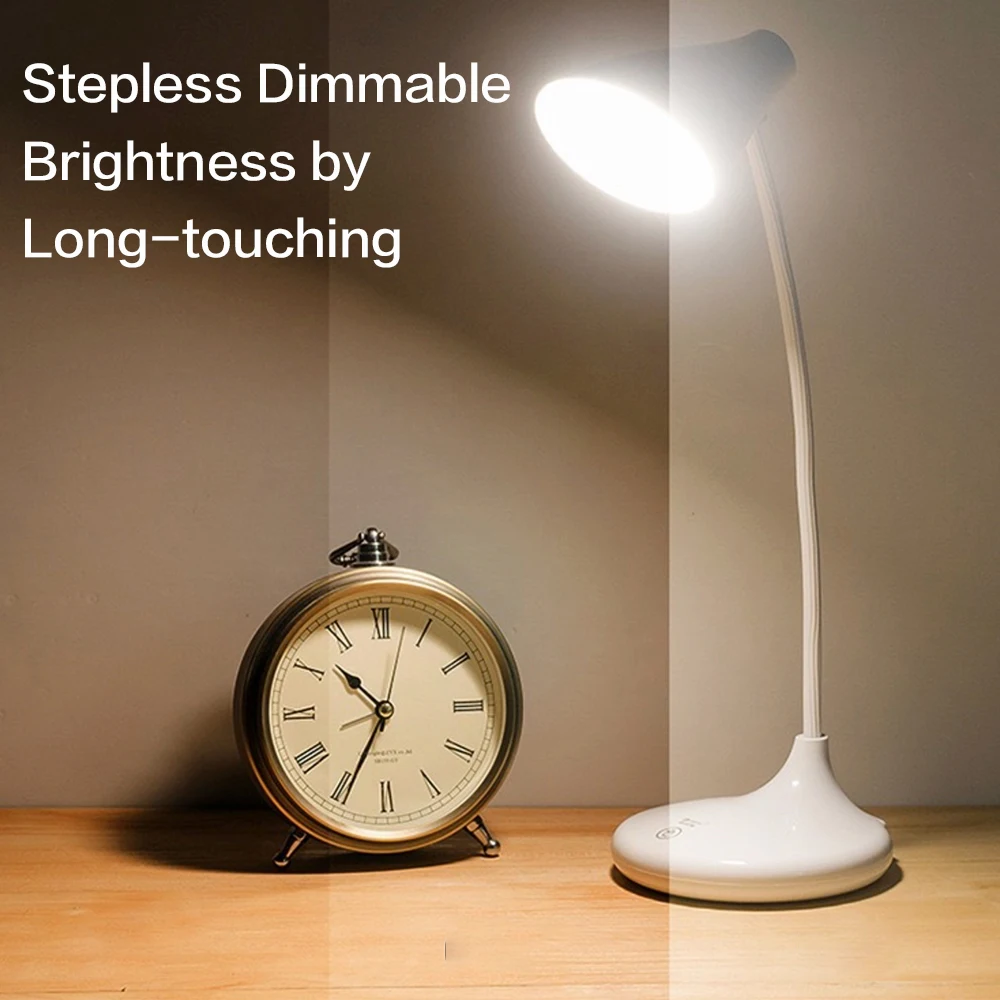 

Eye-caring USB Rechargeable Battery Powered Flexible Neck Three Colors Stepless Dimmable LED Table Desk Reading Study Lamp Light